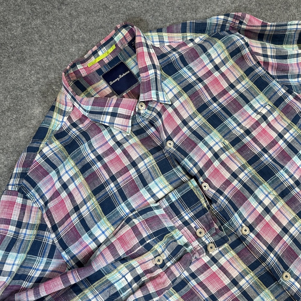 Tommy Bahama Shirt Mens Extra Large Multicolor Plaid 100% Linen Button Up Casual